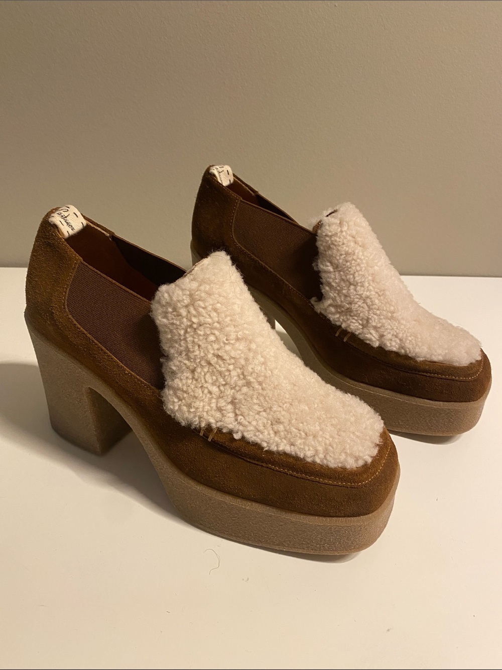 Castaner Elsa Platform Loafer Heels Brown Suede with Shearling topper size 7.5 - Picture 2 of 8